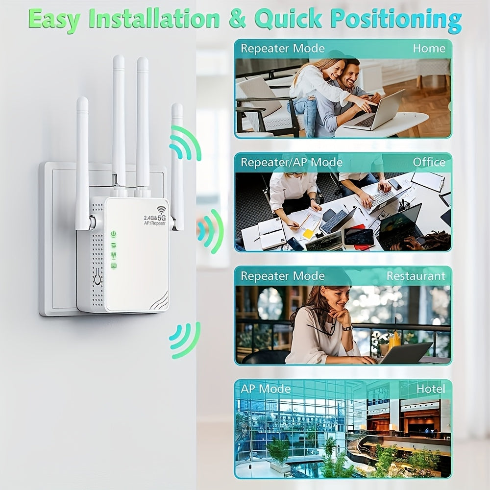 WiFi Extender Dual Band 2.4G 5G with 4 Antennas Ethernet Support for Home Use