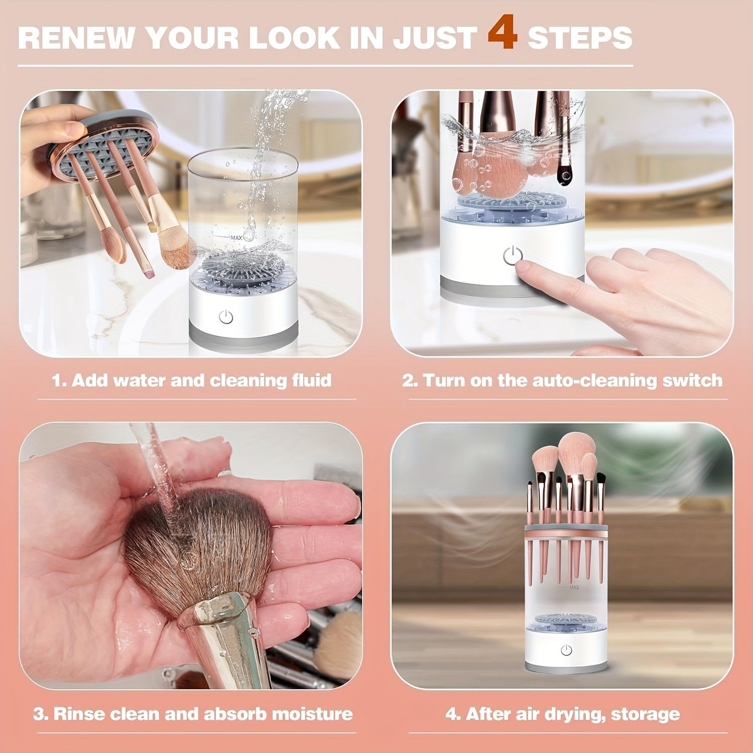 Electric Makeup Brush Cleaner USB Automatic Deep Clean Multi-Size Compatibility Visual Water Tank
