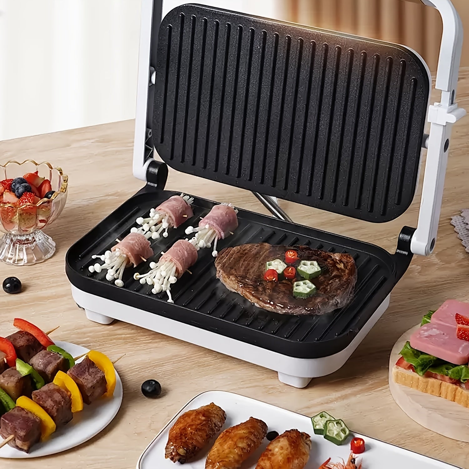 Electric Indoor Contact Grill Nonstick Grids Locking Lid 1100-1300W
