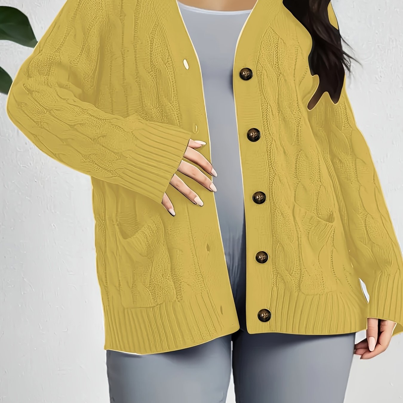 Plus Size Women's Solid Color Cable Knit Open Front Long Sleeve Cardigan