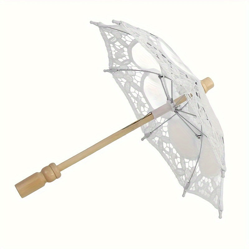 Embroidered Cotton Lace Bridal Umbrella with Wooden Handle for Weddings and Photography