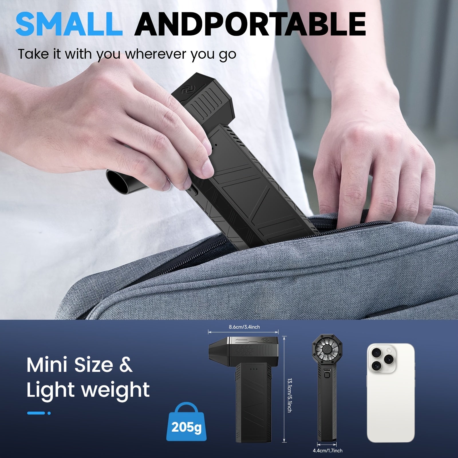 Brushless Motor bilan Super Mini Turbojet Fan, Qo'lda ushlash uchun dizayn, Type-C tez zaryadlash, Quvvat ko'rsatkichi - Avtomobil, Uy, Kompyuter, Klaviatura uchun mos, Yuqori tezlikda kuchli turbina ventilyatori, Avtomobil changi