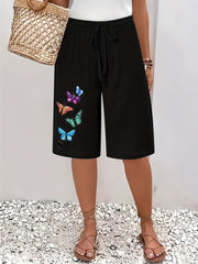 Women's Plus Size Summer Shorts Lightweight Polyester Butterfly Print Elastic Waist