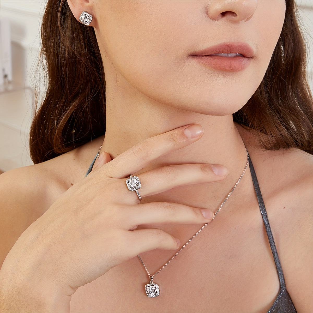 Square Zirconia Jewelry Set Necklace Earrings Ring Gold Plated Bridal Gift