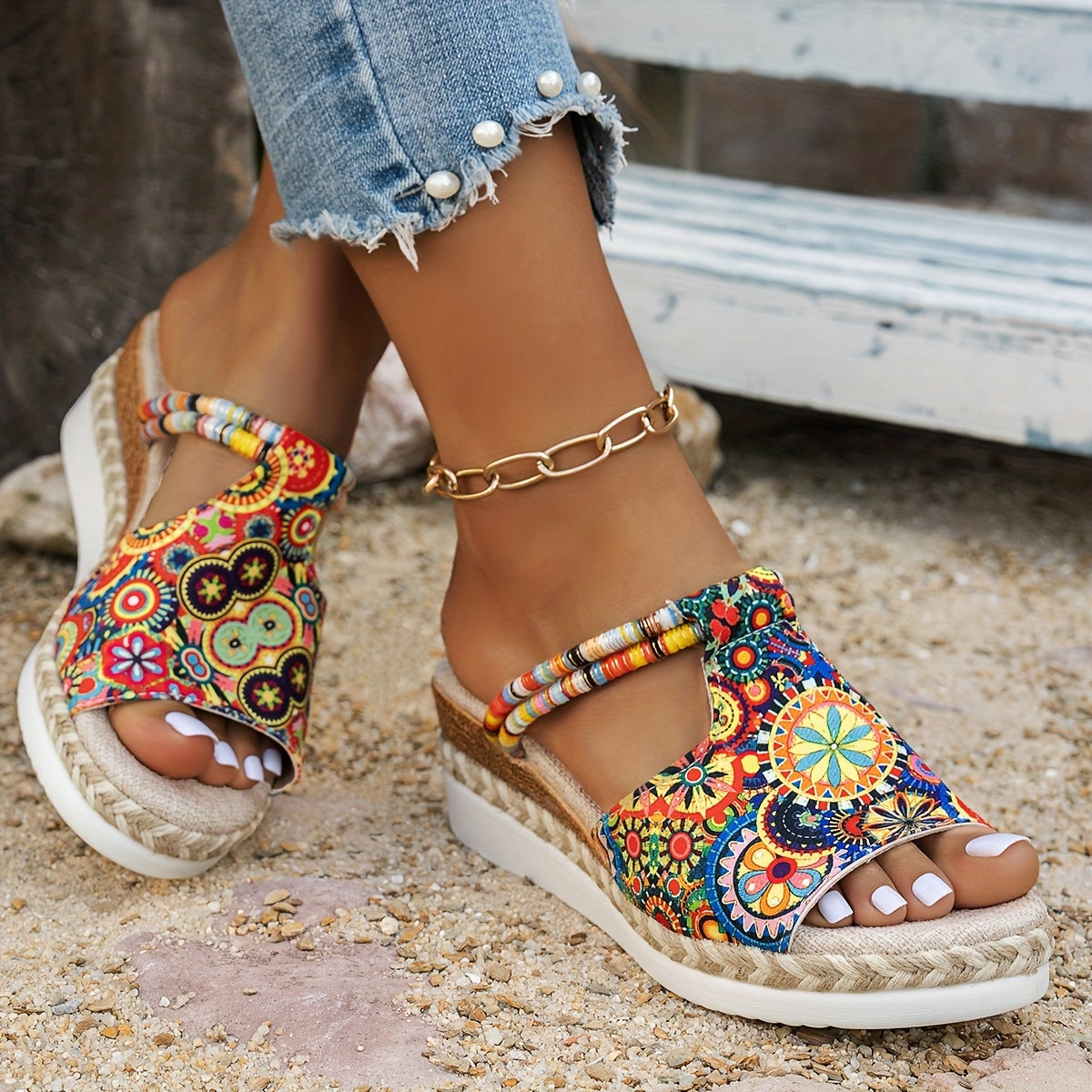 Women's Bohemian Style Slide Sandals Vibrant Geometric Pattern Open Toe