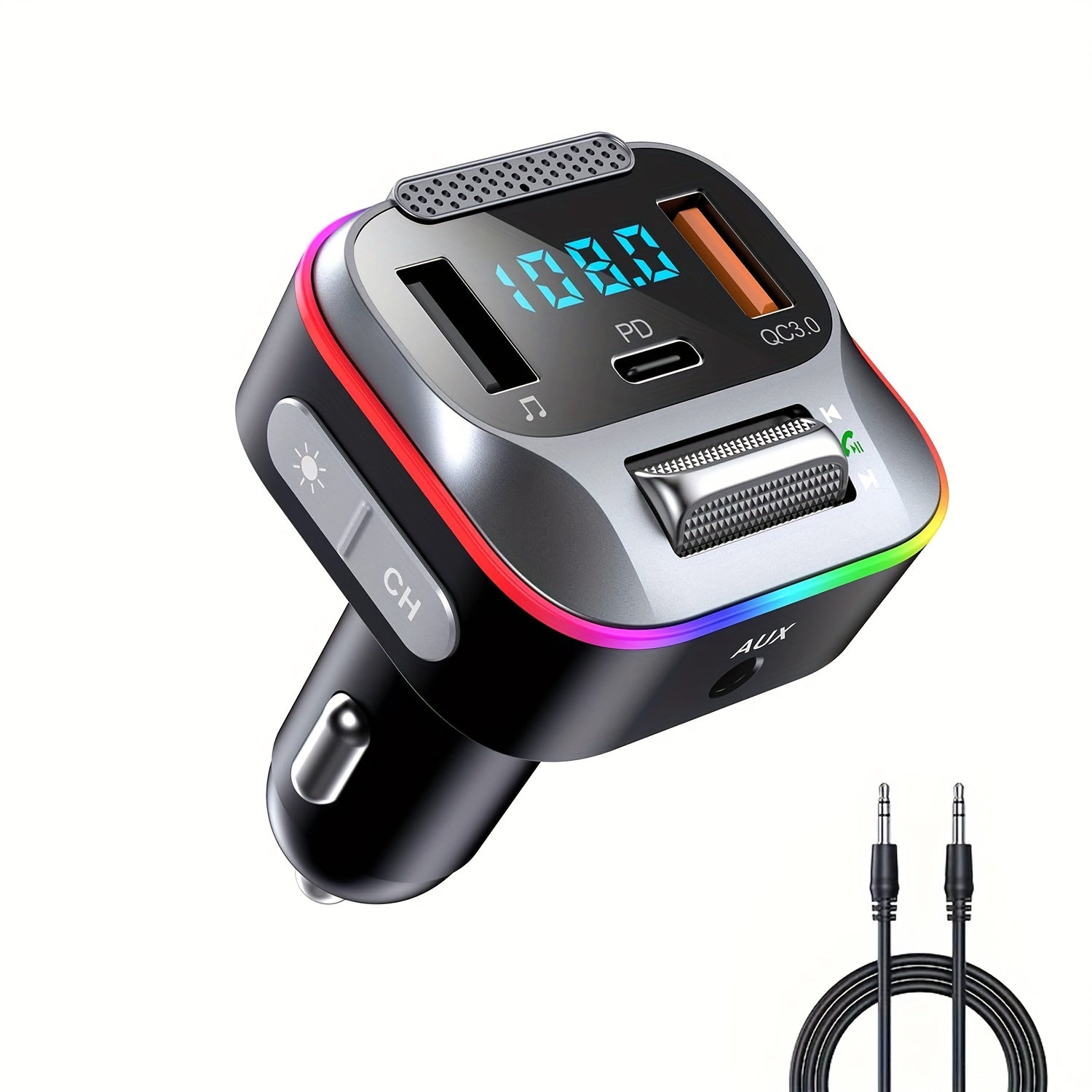 Car Wireless Transmitter Bluetooth Adapter 30W PD QC3.0 Hands-Free Calling LED Console