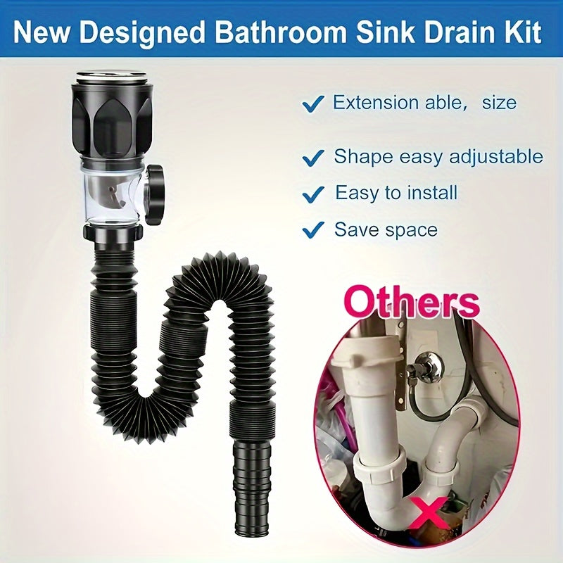 Stainless Steel ABS Sink Drain Pipe Space-Saving Odor-Free Flexible Plumbing