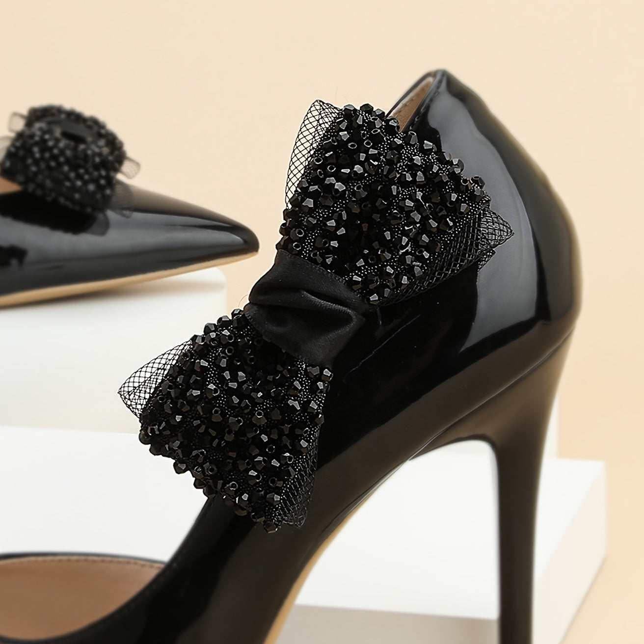 Black Bow Shoe Clips Pack Beaded Nylon Elastic Formal Accessories