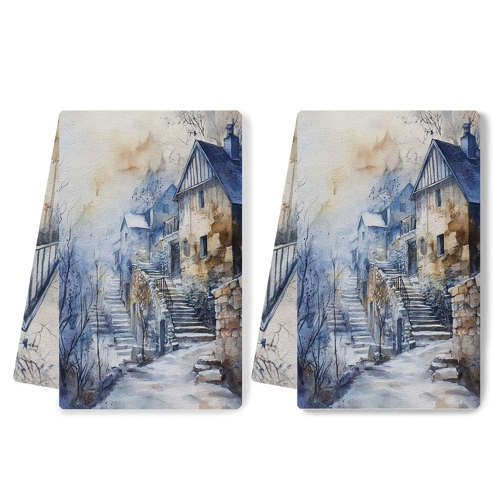 Juego de 2 toallas de cocina ultra suaves escena invernal pintura acrílica 40x60 cm