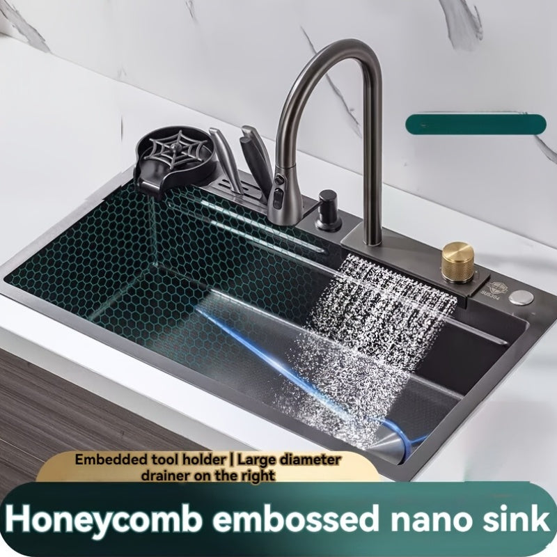 Glam Stainless Steel Kitchen Sink with Integrated Faucet No-Rim Drop-In Right Drain