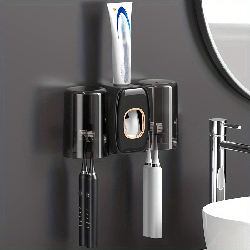 Wall-Mounted Toothbrush Holder with Toothpaste Squeezer and Mouthwash Cup for Bathroom Organization