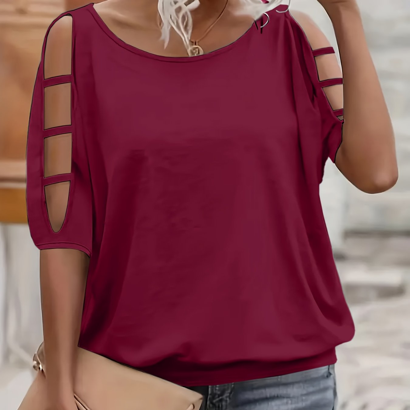 Plus Size Women's Black Long Sleeve T-Shirt with Openwork Cut-Outs