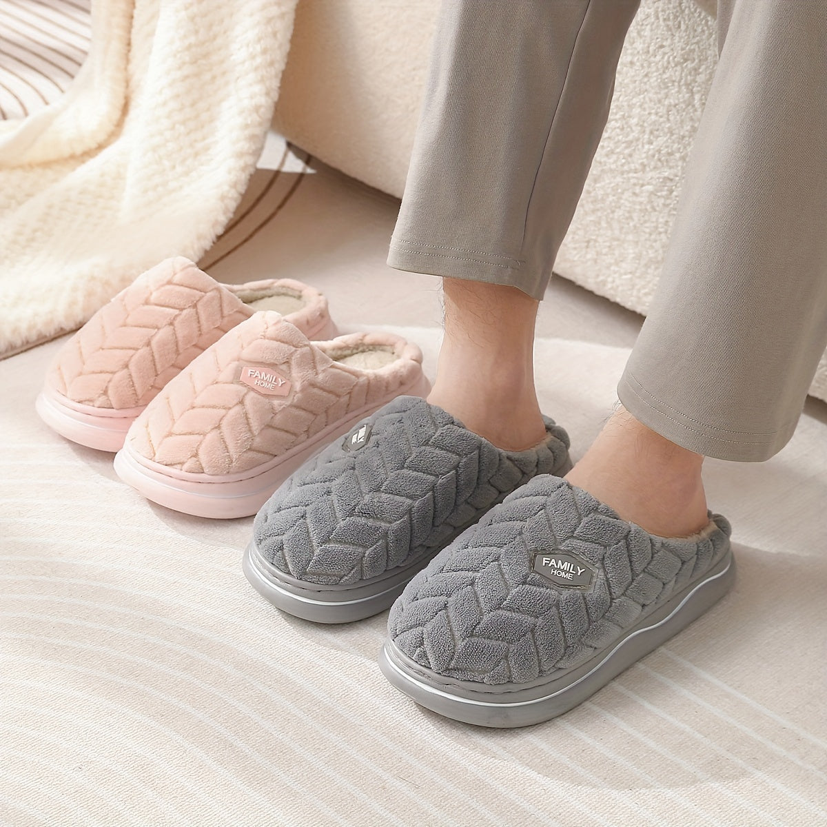 Women Thick Sole Slippers Winter Indoor Warm Home All-Season Fabric EVA