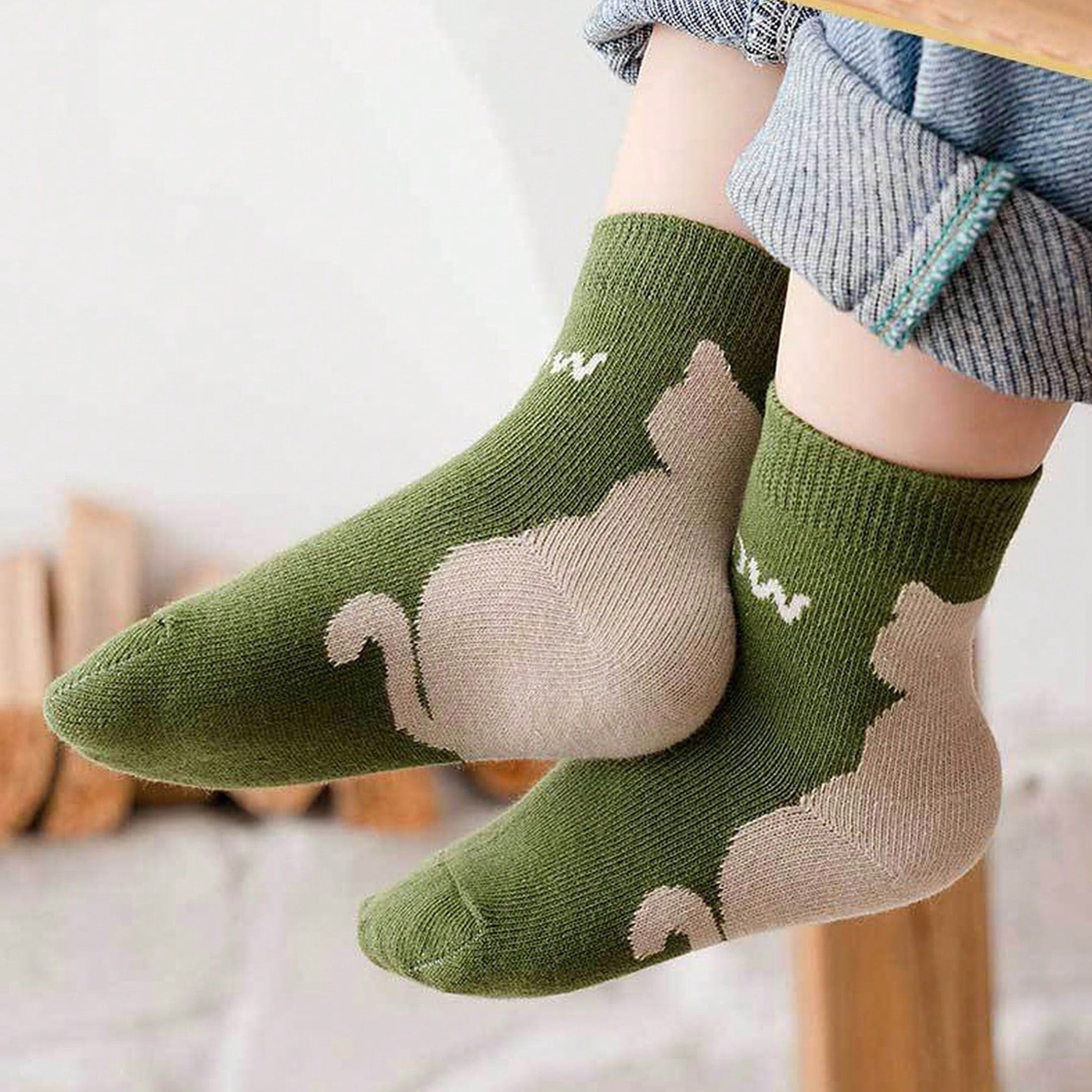 Bolalar uchun o'rta uzunlikdagi trikotaj paypoq, 5 ta paketda, multfilm mushuk naqshli, Polyester aralashmasi, barcha mavsum uchun