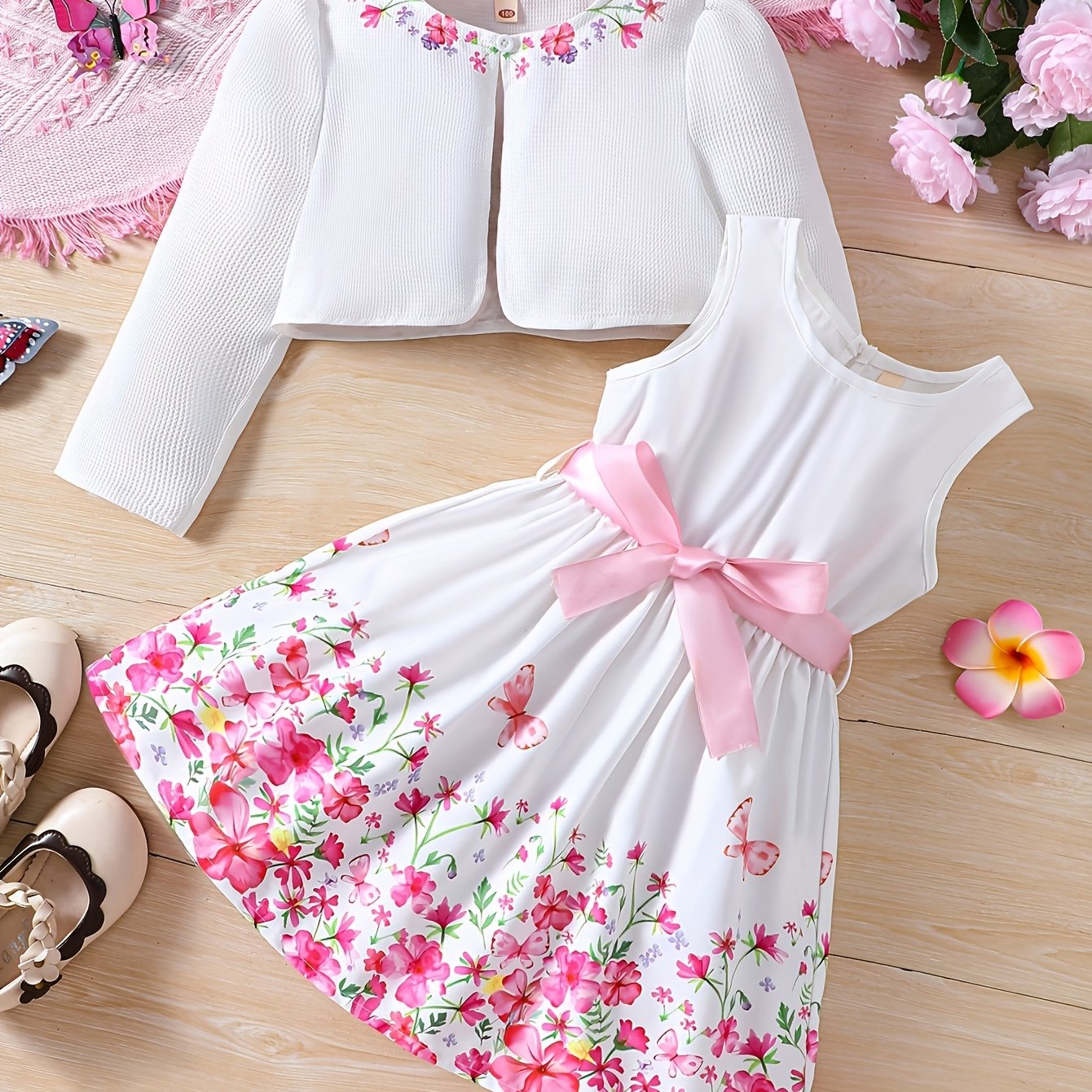 Girls Spring Floral 2-Piece Dress Set with Cardigan Polyester for Outdoor Wear