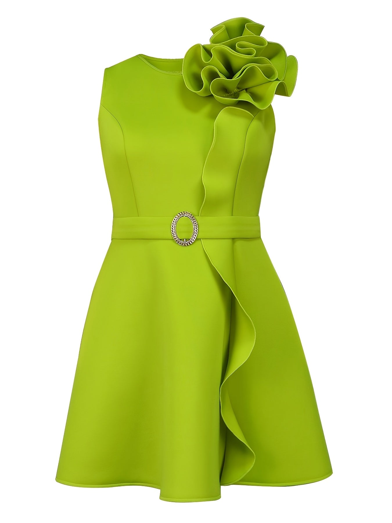 Women's A-Line Party Dress with Adjustable Belt and Floral Detail