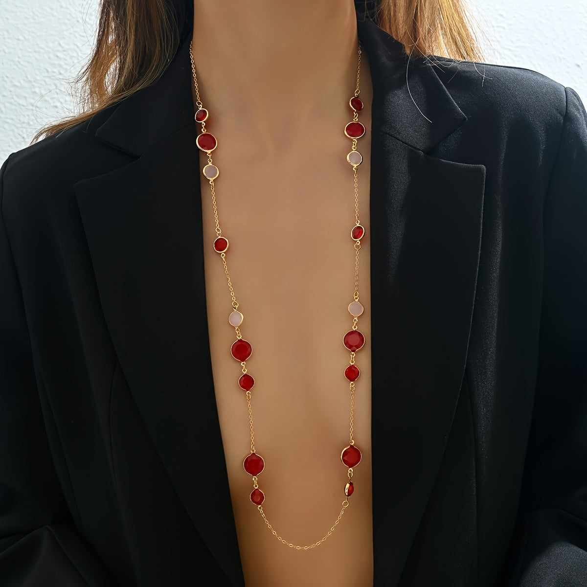 Women's Long Layered Necklace Minimalist Iron Chain with Plastic Gemstones