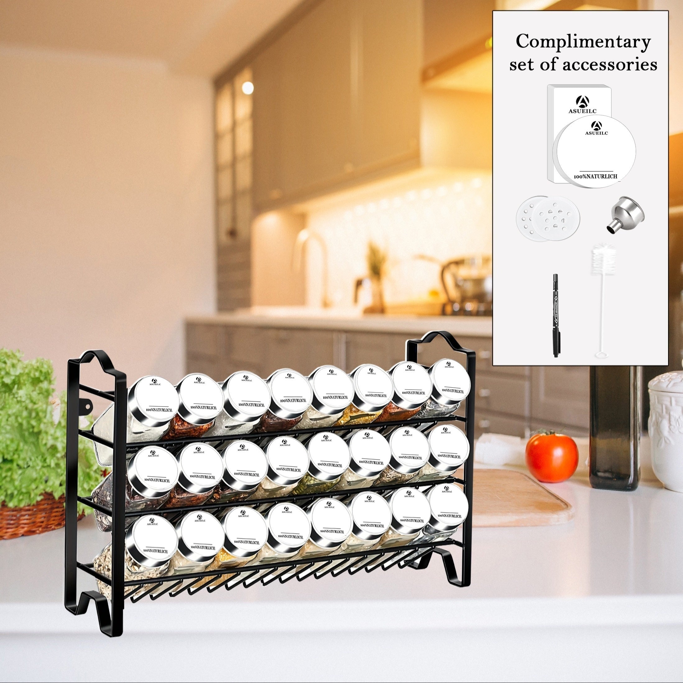 24 ta shisha ziravorlar idishlari to'plami, qavatli stolda saqlash tokchasi bilan, zanglamaydigan po'latdan yasalgan quvur, yorliq yasovchi, cho'tka, ruchka va mixlar bilan birga - uy va tijorat oshxonalariga mo'ljallangan.