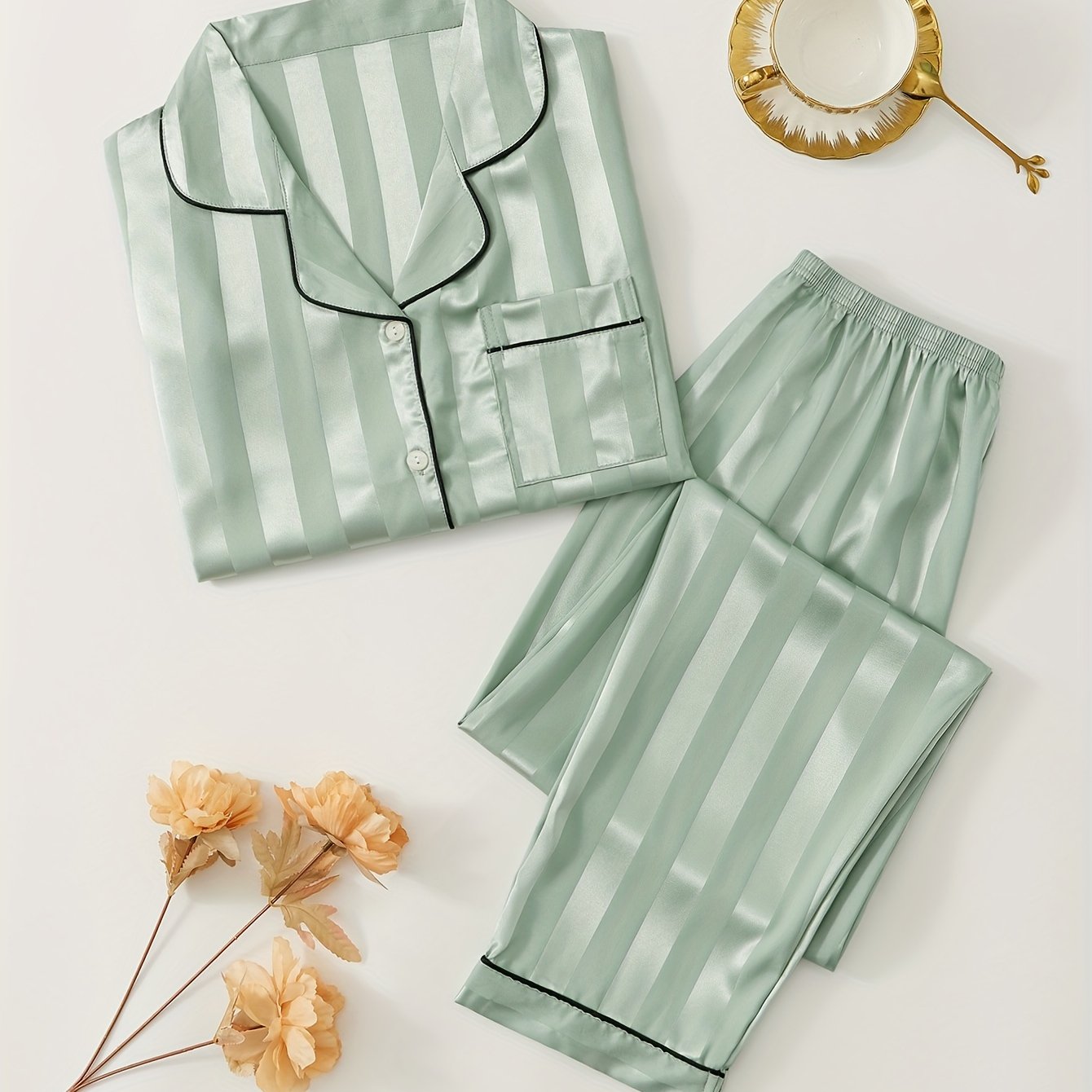 Women's Satin Pajama Set with Striped Long Sleeve Top and Lounge Pants Sleepwear Loungewear