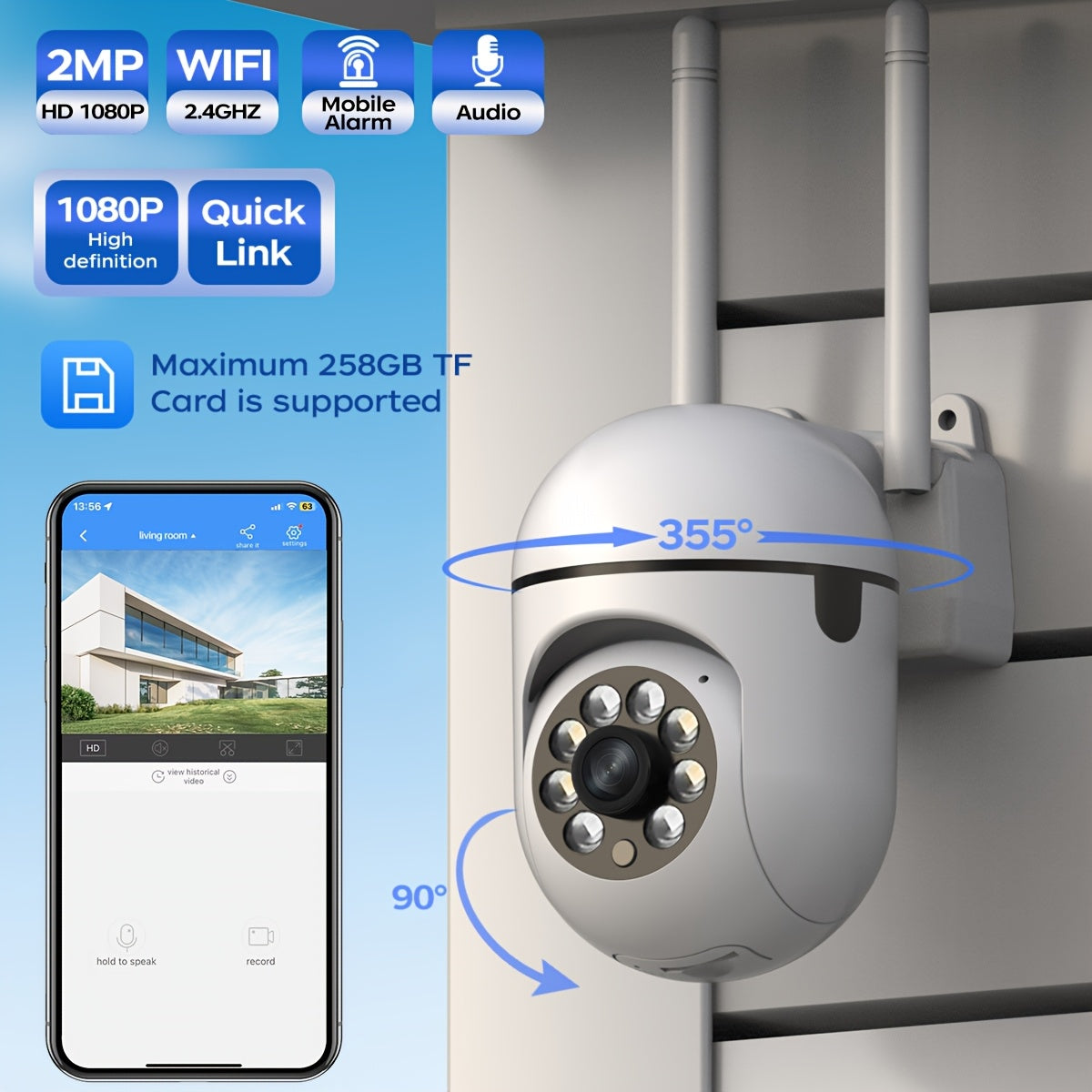 Indoor Outdoor Surveillance Camera 2MP HD Wi-Fi Night Vision Motion Detection