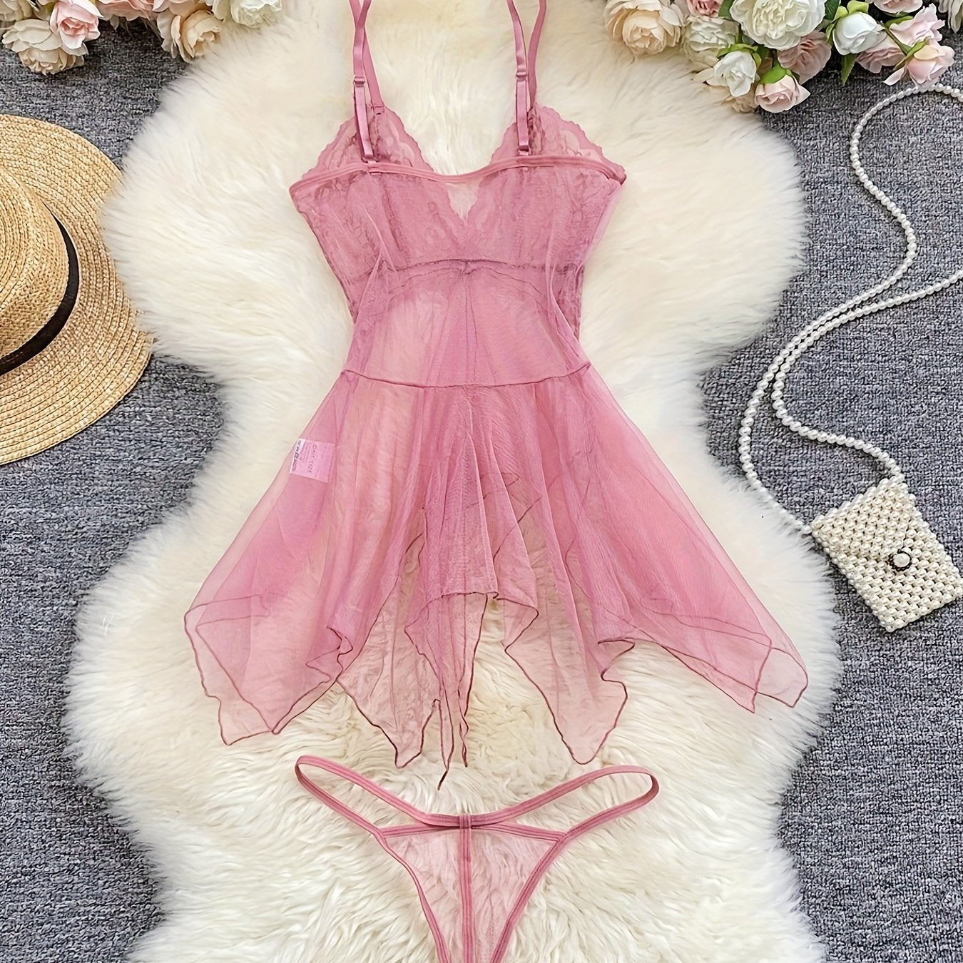 Women’s Sheer Mesh Lingerie Set with Knit Polyester Slip and Tulle Nightdress