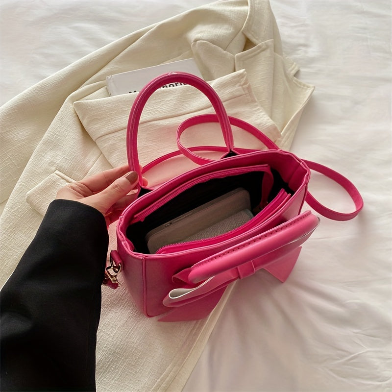 Faux Leather Crossbody Bag with Bow Embellishment Adjustable Strap Zipper Closure Animal Theme