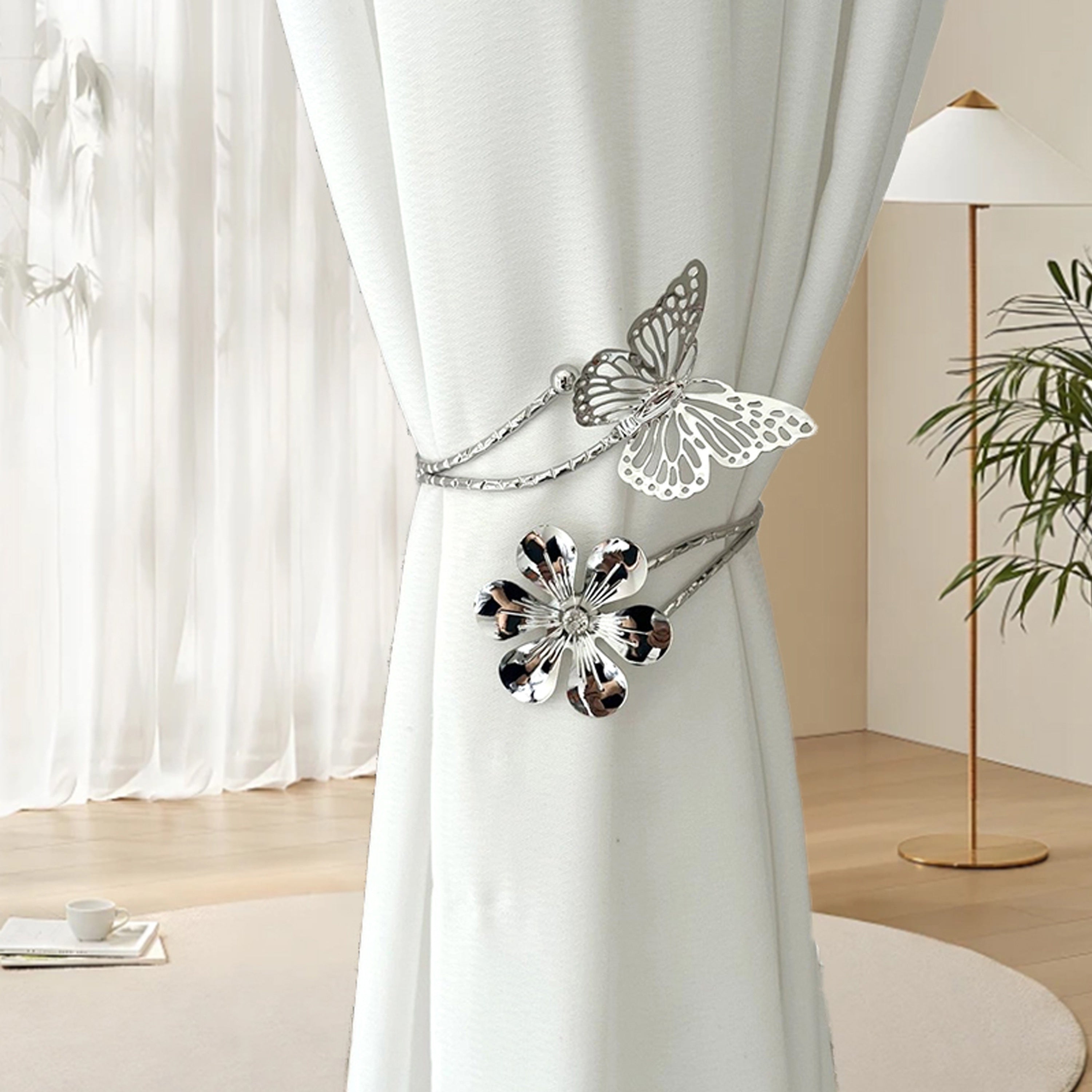 Modern Minimalist Curtain Tiebacks with Butterfly and Flower Design, Adjustable, Easy Install