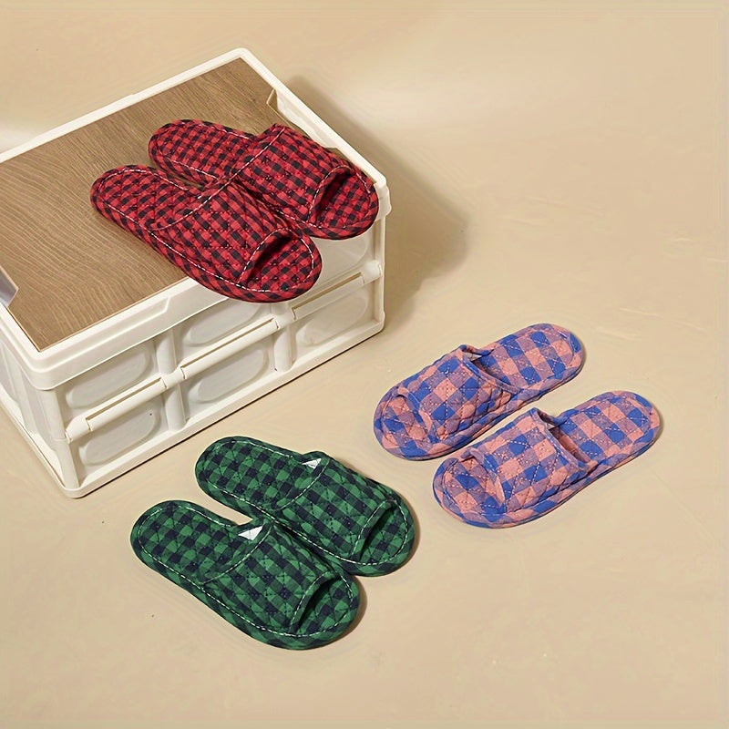 Women's Plush Fabric Slip-On Indoor Slippers with Checkered Pattern