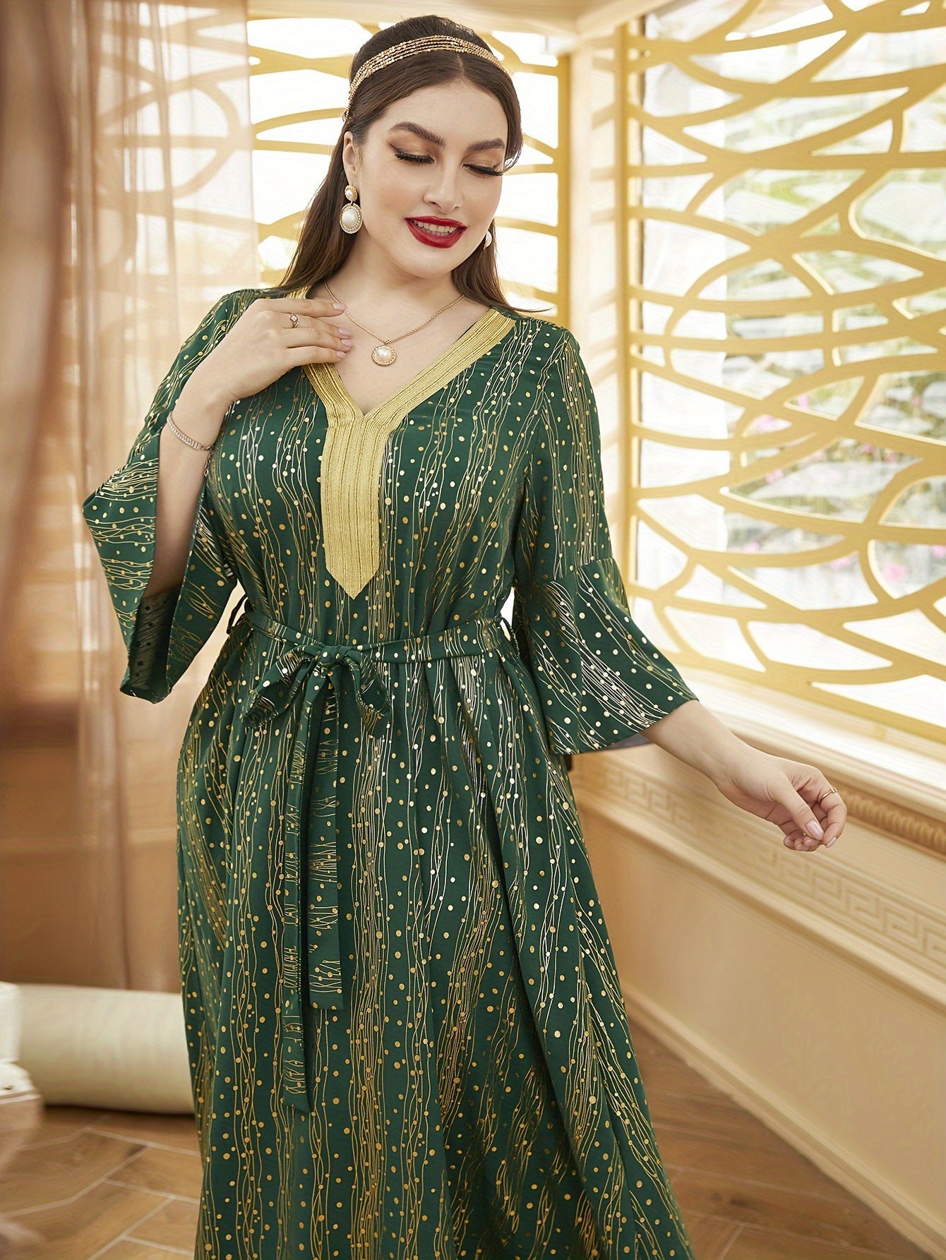 Plus Size Women's V-Neck Dress with Gold Floral Lace Sleeves and Adjustable Waist
