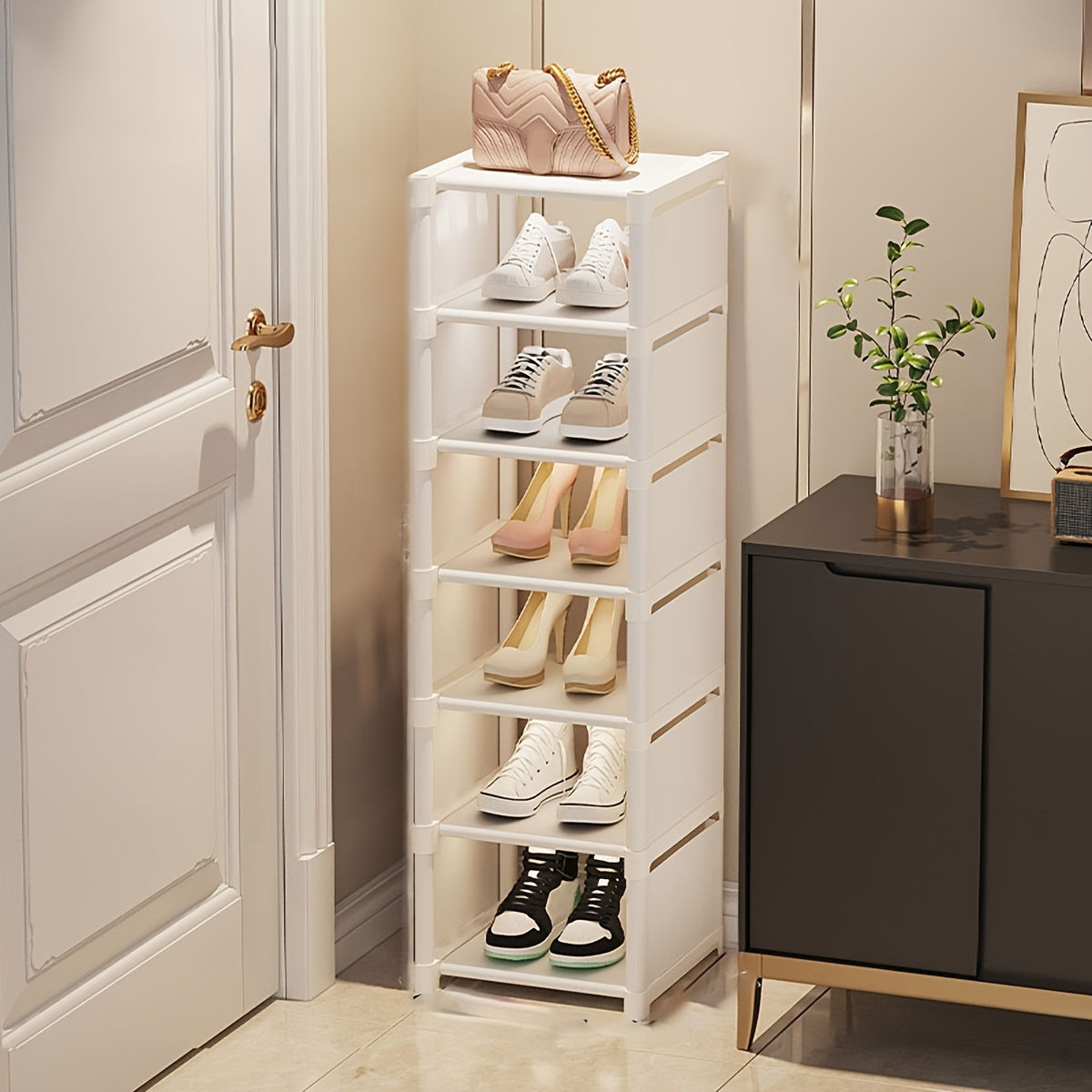7-Pair Shoe Rack Plastic Metal Space-Saving Organizer for Entryway Closet Bedroom