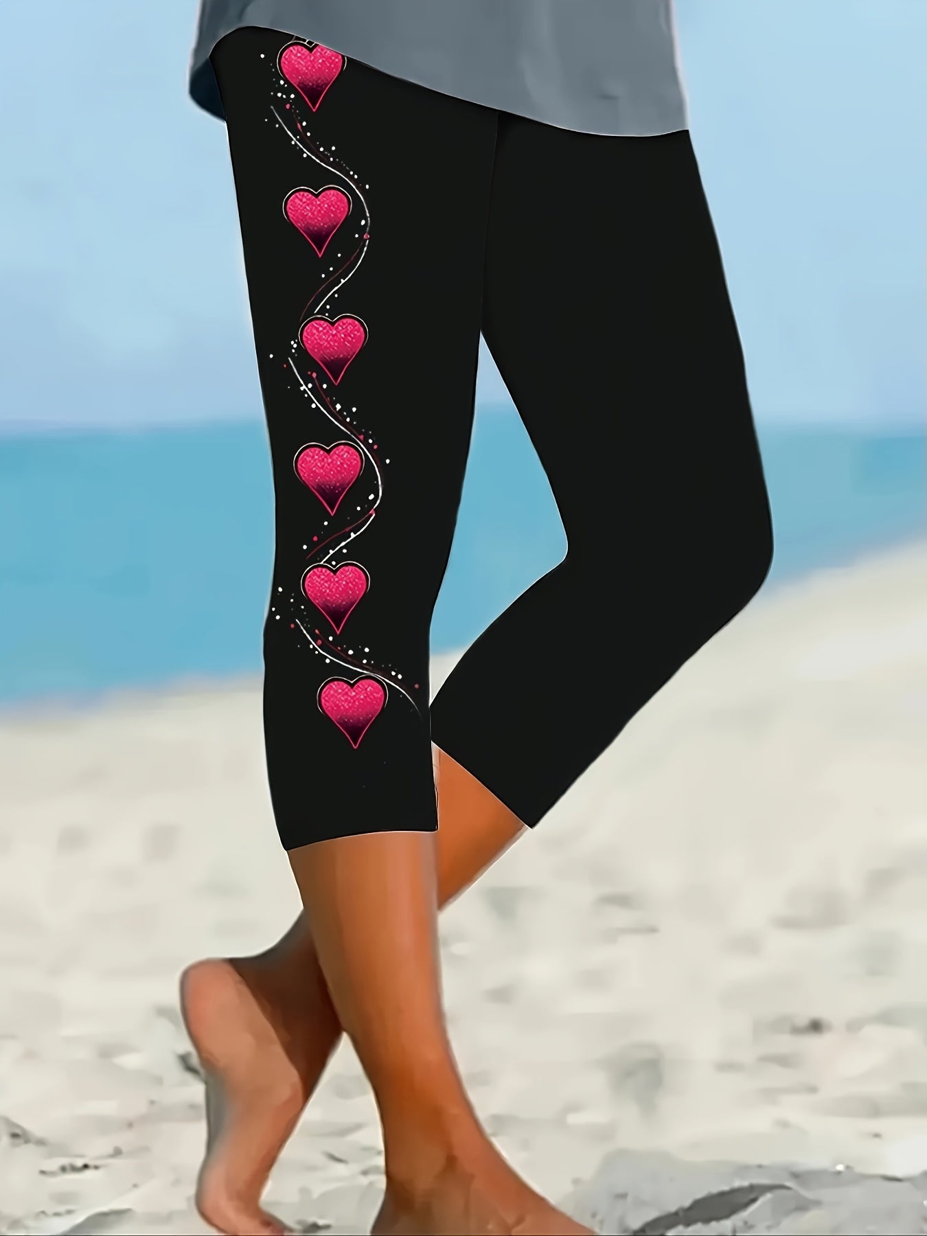 Women’s Black Skinny Leggings with Pink Heart and Star Print Beach Wear