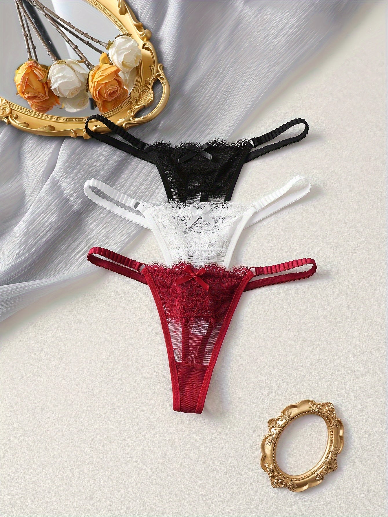 Women's Thong Panties Set 3-Pack in Black White Wine Red Semi-Sheer Knit Fabric