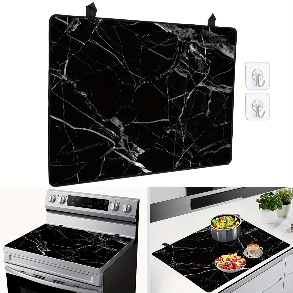 Black Marble Stove Top Cover 72.39x52.07cm Heat-Resistant Glass Protector