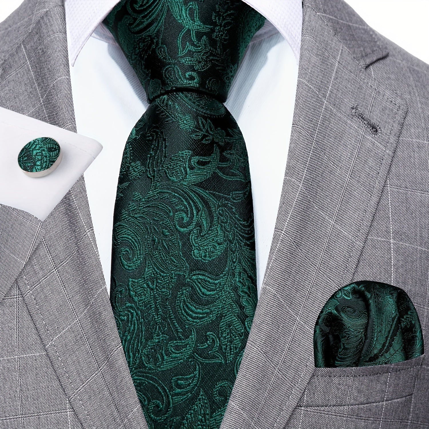 Men's Green Paisley Jacquard Tie Set with Pocket Square and Cufflinks for Weddings and Parties