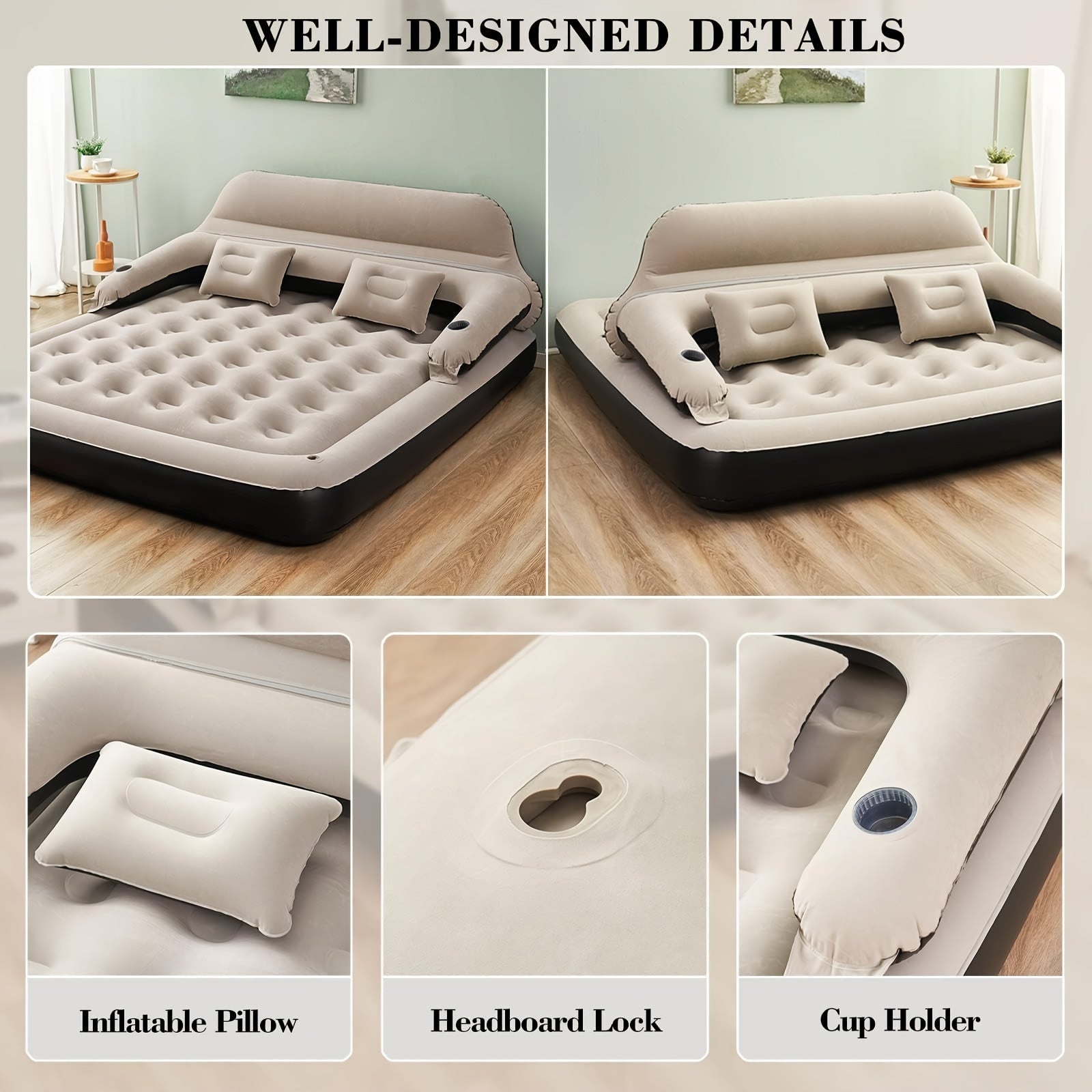 Inflatable Air Mattress with Headboard, Flocked Top, No Electric Pump