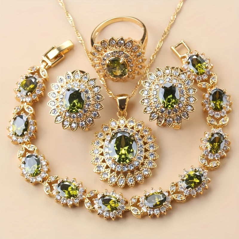 Sunflower Jewelry Set for Women 5-Piece Cubic Zirconia Necklace Earrings Ring Bracelet Gift