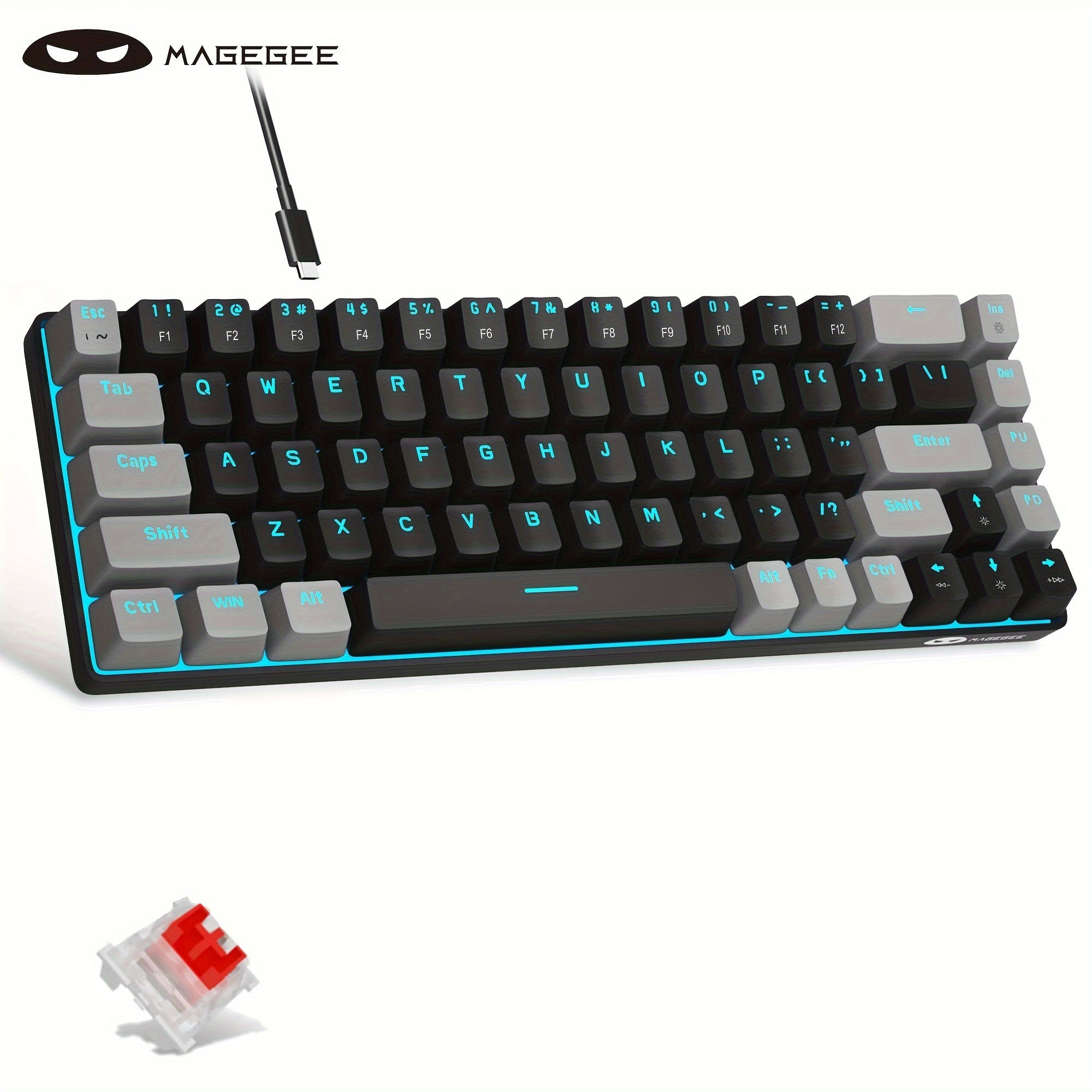 Teclado mecánico compacto para juegos del 60% con interruptores azules, retroiluminación LED, ergonómico para Windows, Mac, PC y portátil