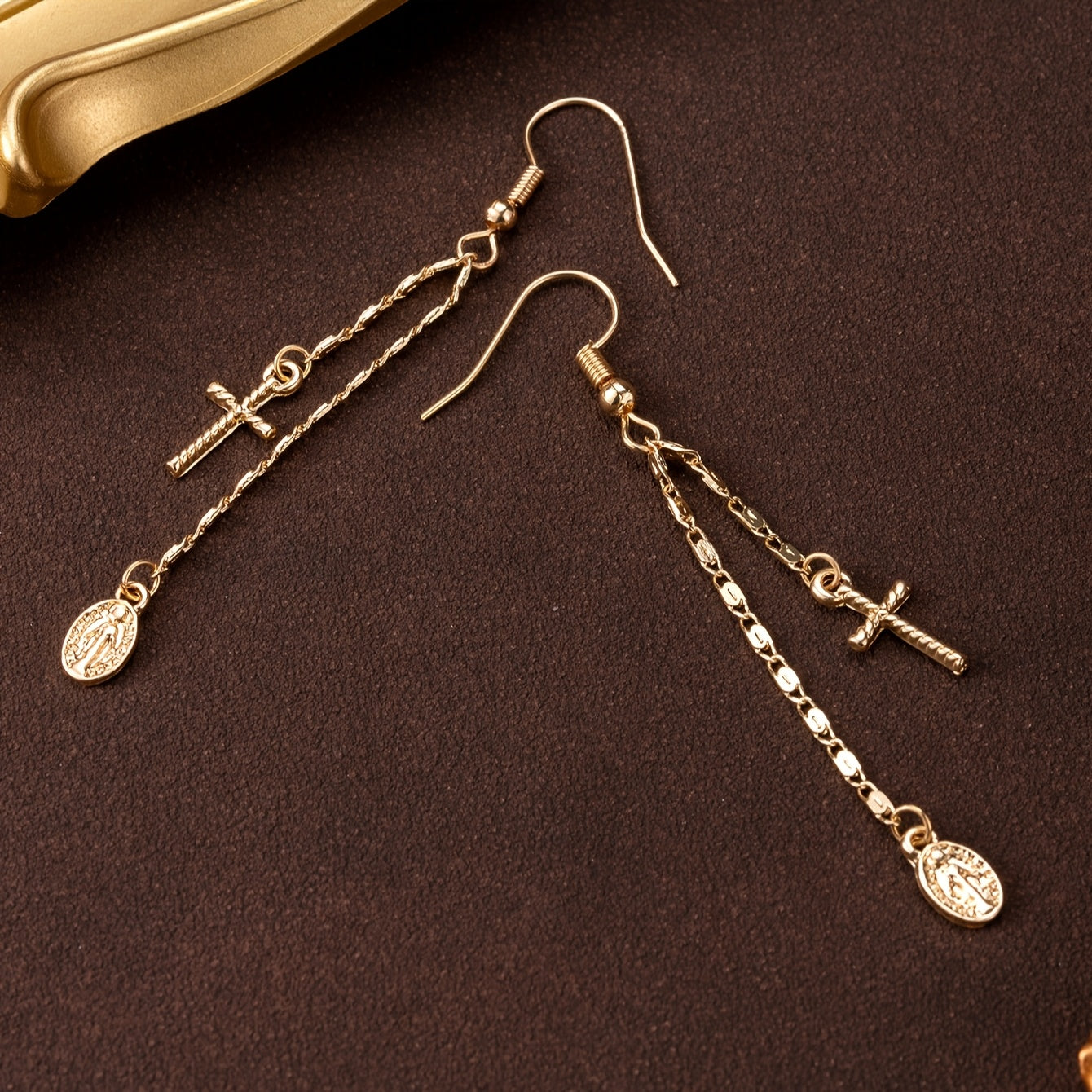 Gold Plated Cross Virgin Mary Tassel Earrings Copper Iron Posts Religious Jewelry