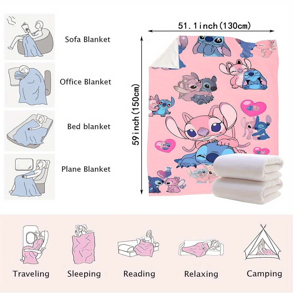 Pink Heart Stitch Cartoon Blanket Multi-Functional Knit Polyester Throw for Bedroom Couch Car