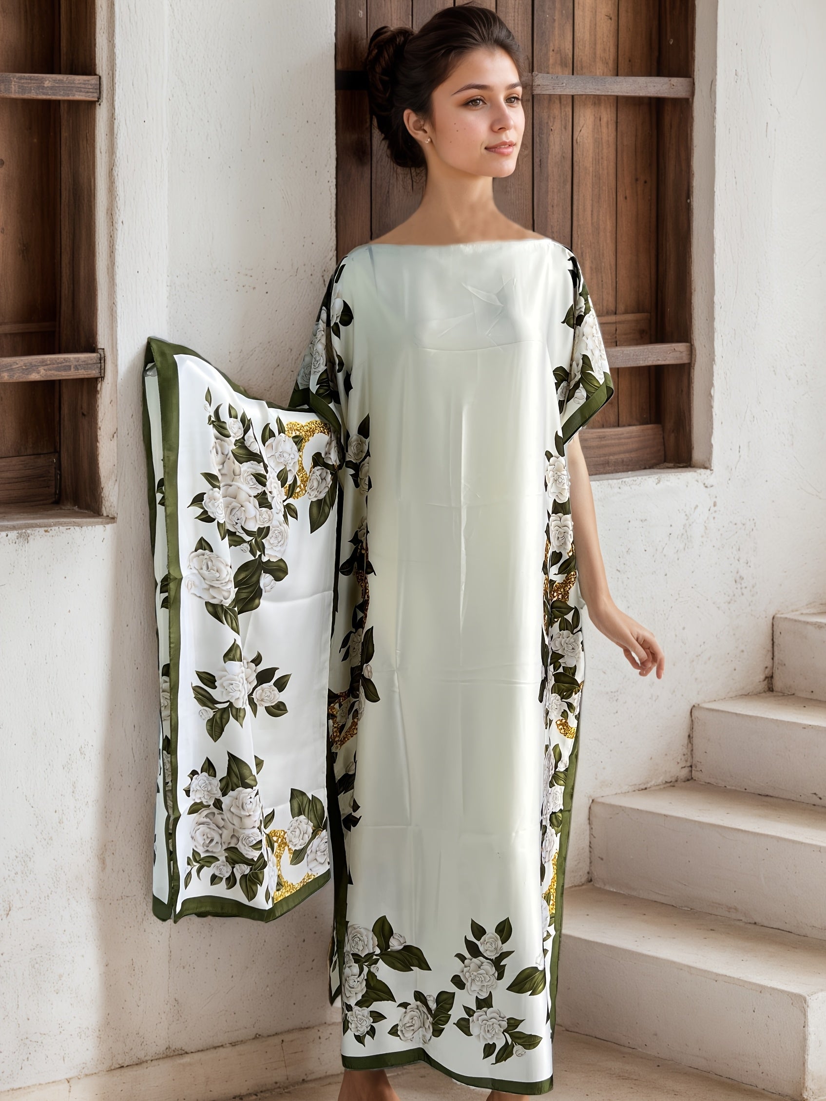 Plus Size Women Maxi Dress Peach Floral Print Shawl Collar Batwing Sleeves