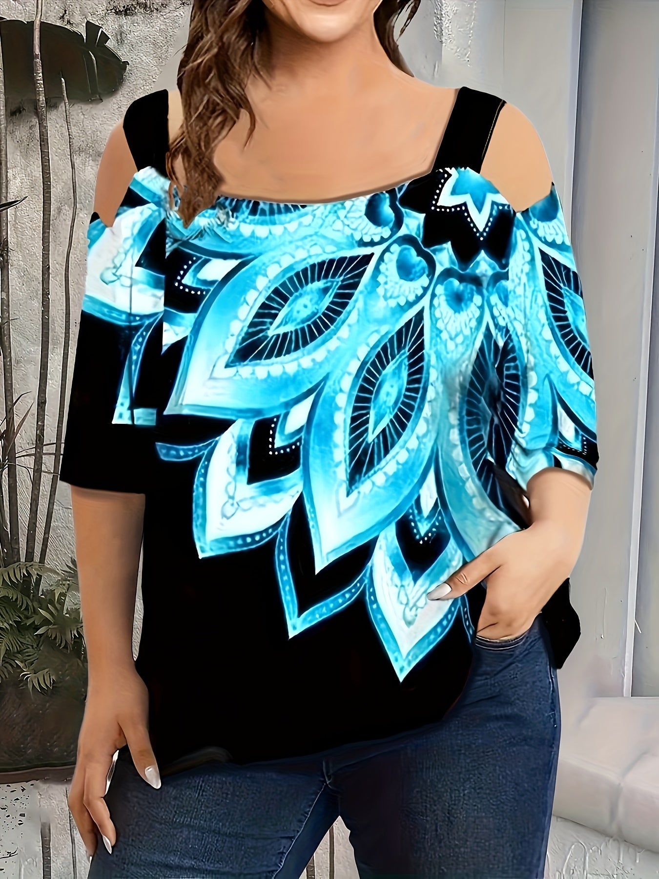 Plus Size Floral Print Cold Shoulder T Shirt for Women Spring Summer Casual Polyester