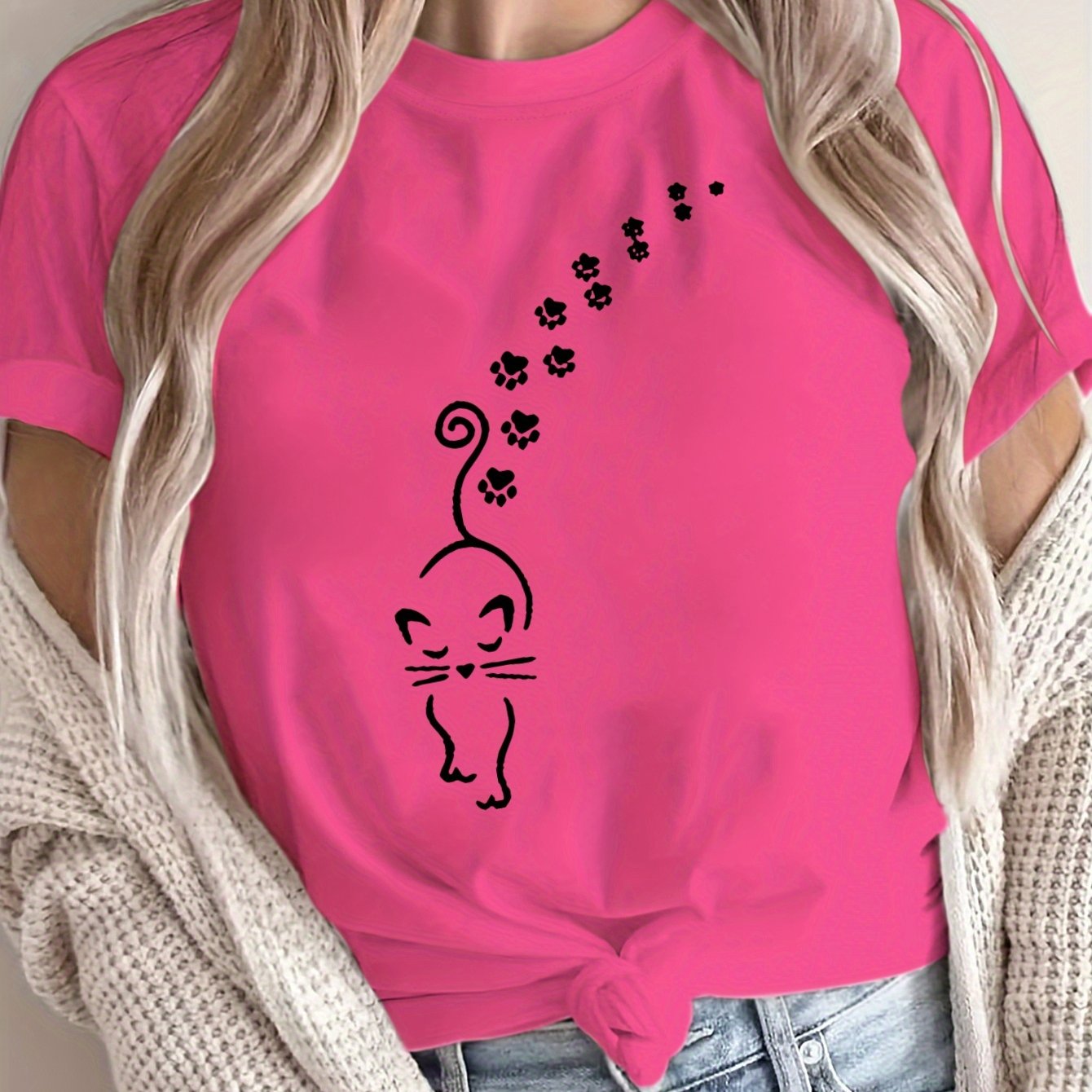 Women's Plus Size Loose Fit Cat Print T-Shirt Breathable Polyester Casual Top