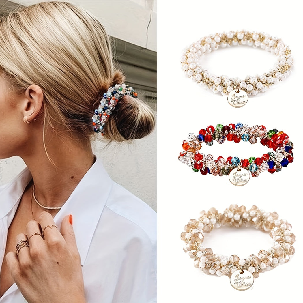 Women's White Elastic Hair Bands Set of 3 for Ponytails and Hair Styling