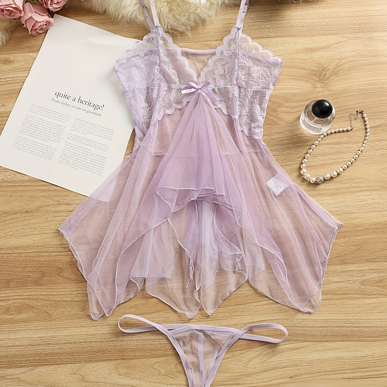 Women’s Sheer Mesh Lingerie Set with Knit Polyester Slip and Tulle Nightdress
