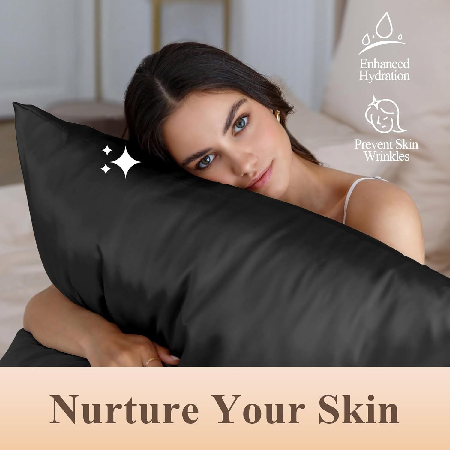 Fundas de almohada de satén negro 20x26 2 unidades, enfriamiento, cuidado del cabello sin frizz