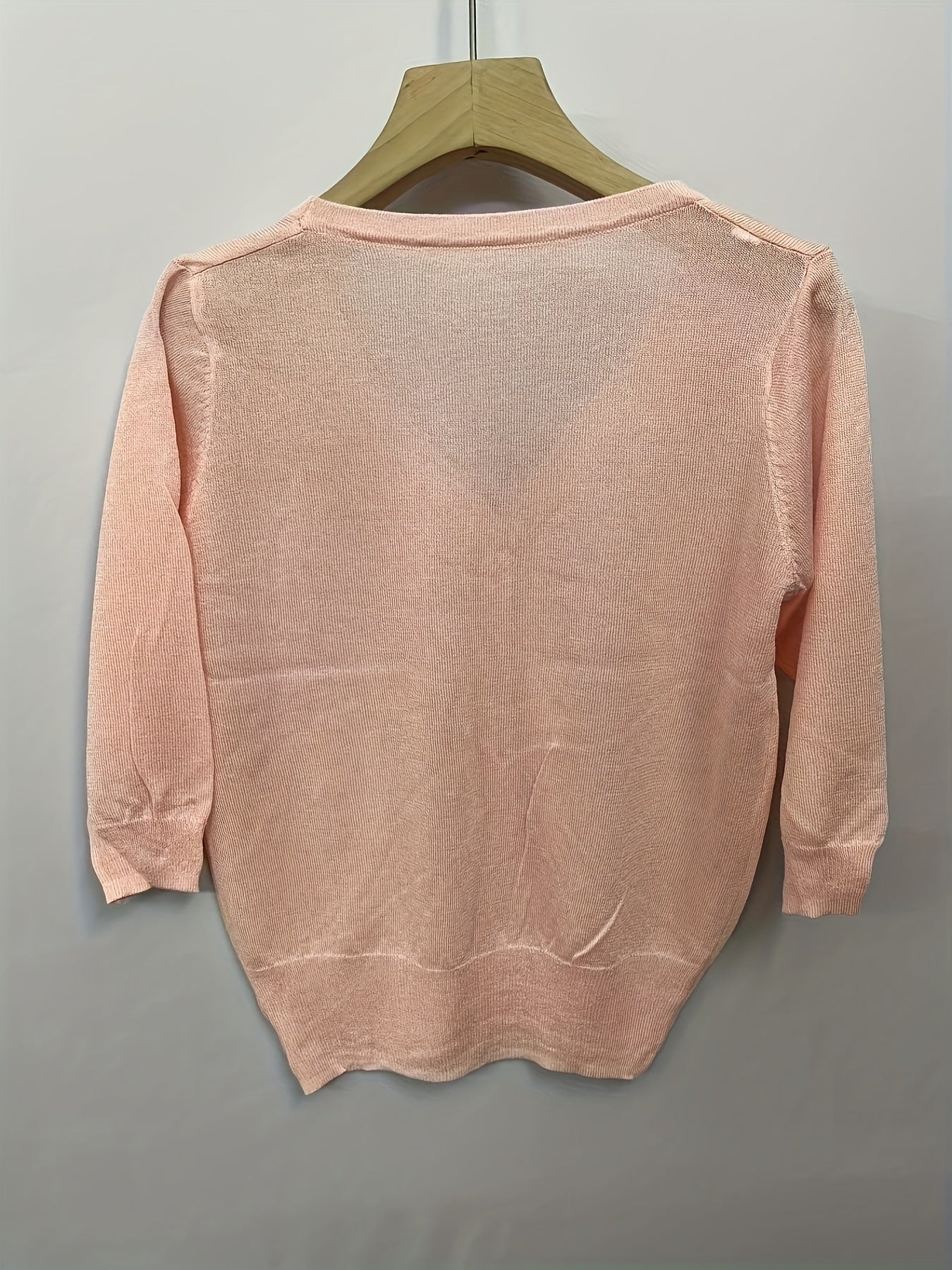 Plus Size Women's Lightweight V-Neck Cardigan with 3/4 Sleeves in Pastel Pink