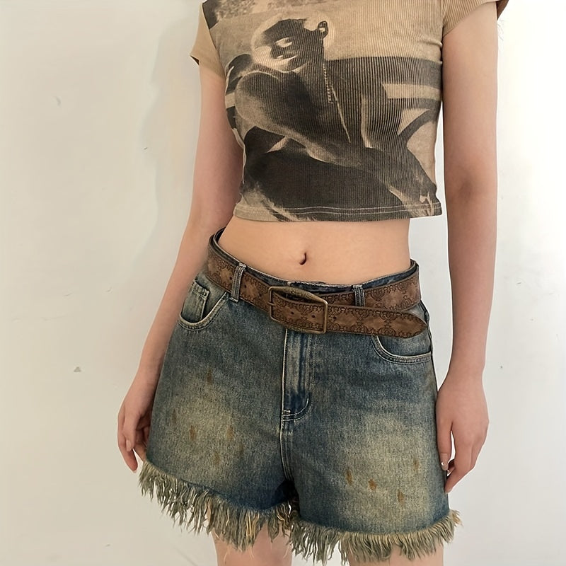 Women's Brown PU Leather Belt with Western Embossed Design for Casual and Festival Wear