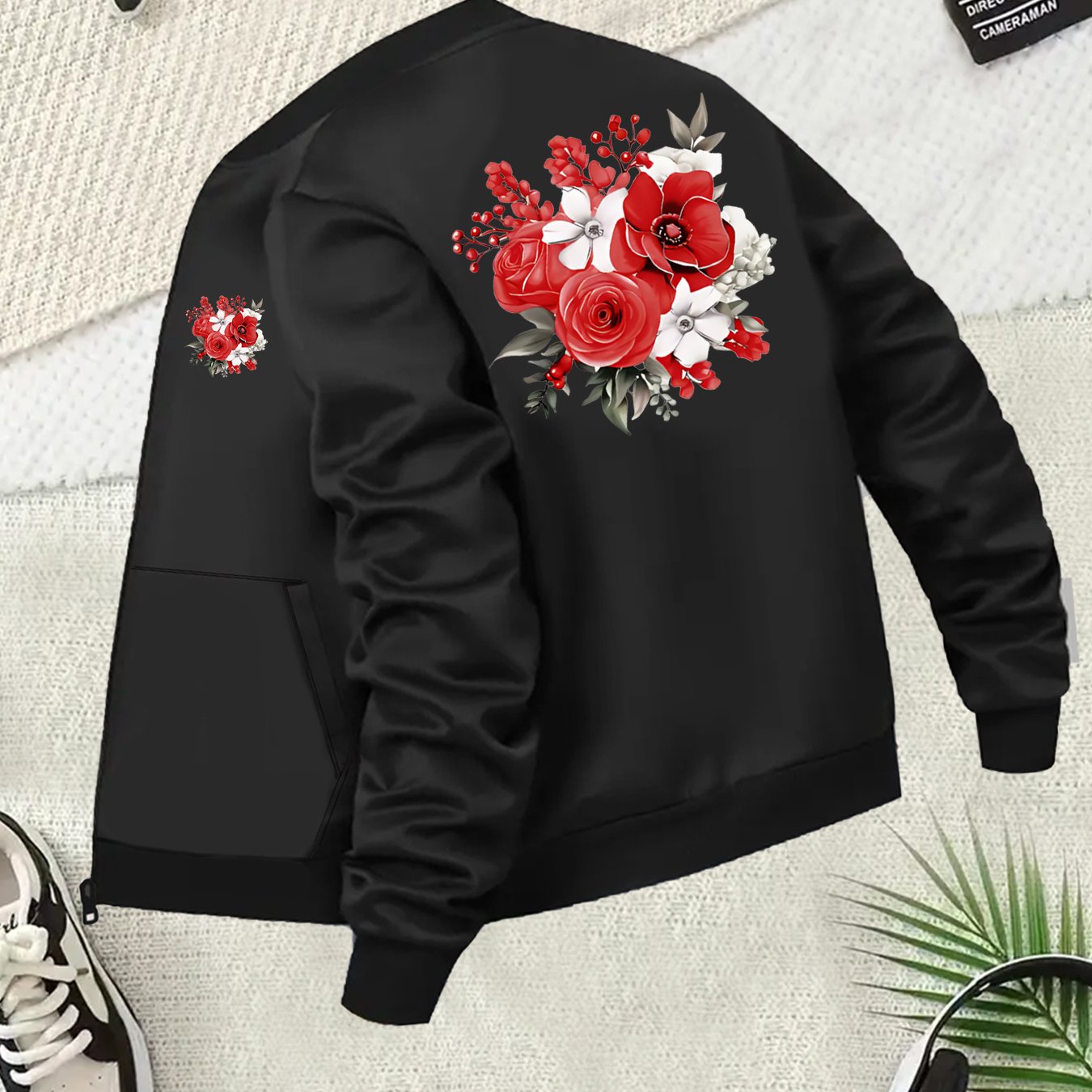 Women's Plus Size Floral Embroidered Bomber Jacket Casual Black with Red Roses