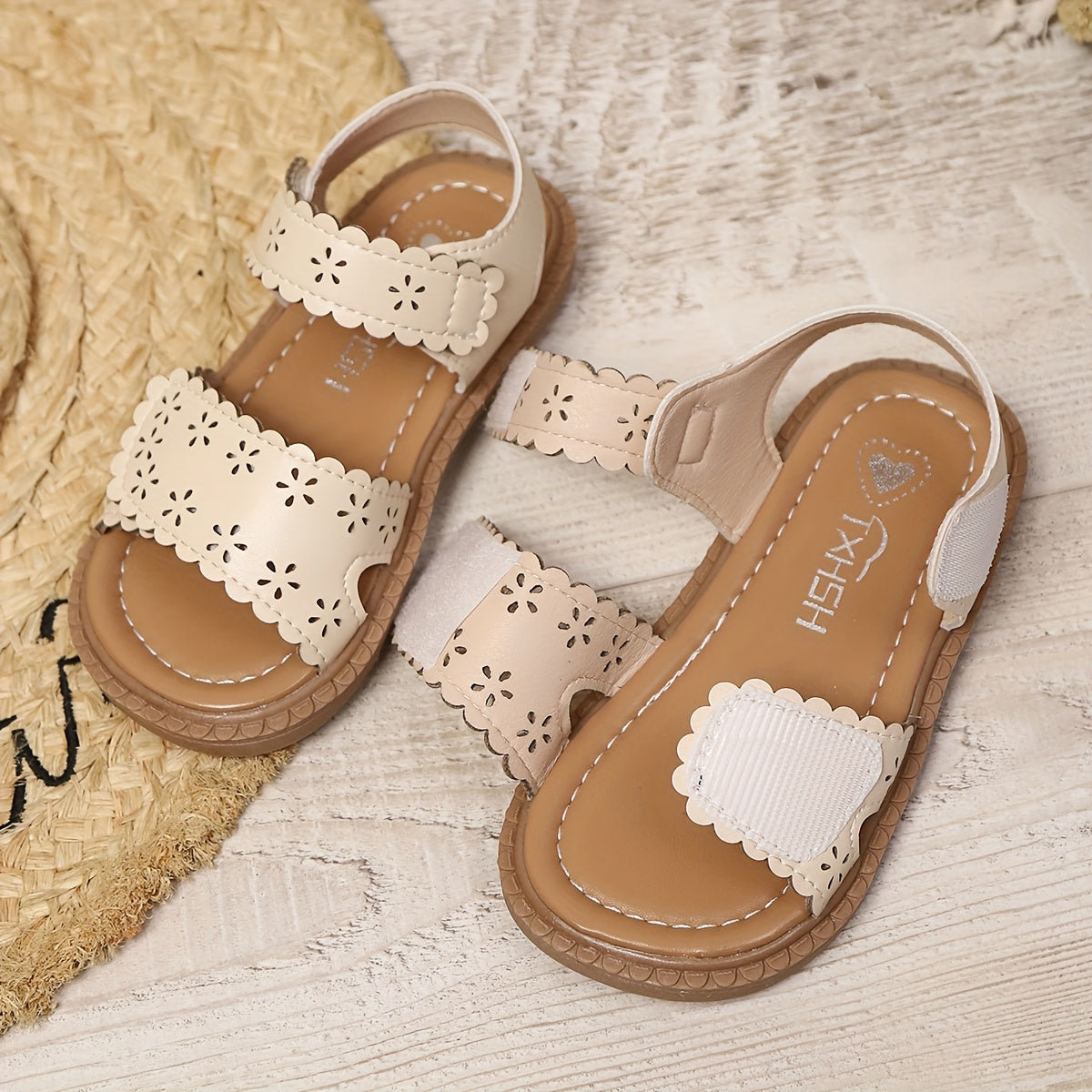 Girls Summer Sandals Breathable Lightweight Floral Cut-Out Beige Rubber Sole