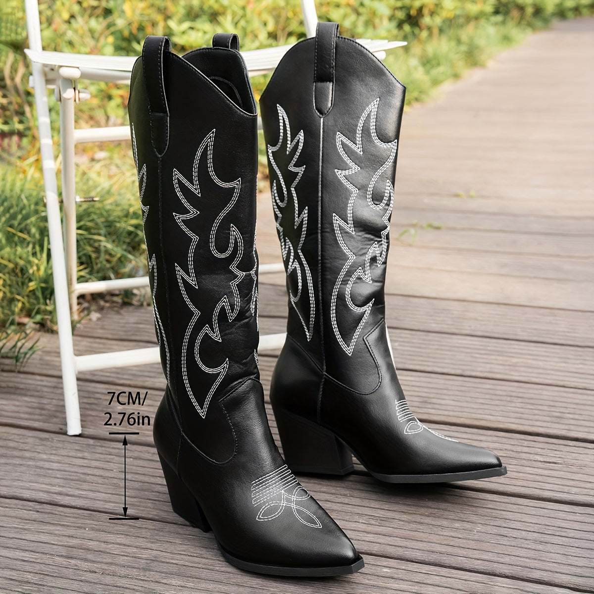 Women's Black Decorative Slip-On Boots Chunky Heel Pointed Toe